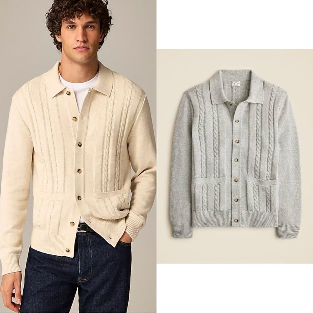 NWT J CREW Heritage cotton cable-knit cardigan sweater-polo in Heather Grey